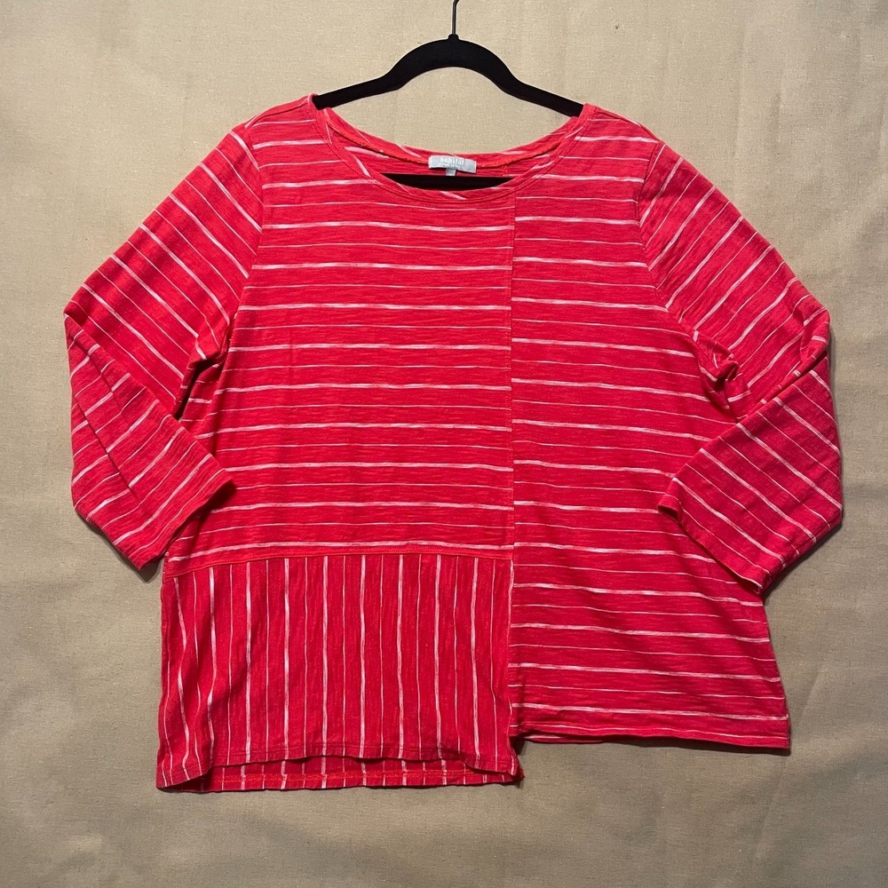 Habitat Top Raspberry Stripe XL 3/4 Sleeve Cotton Relaxed Artsy Coastal Grandma
